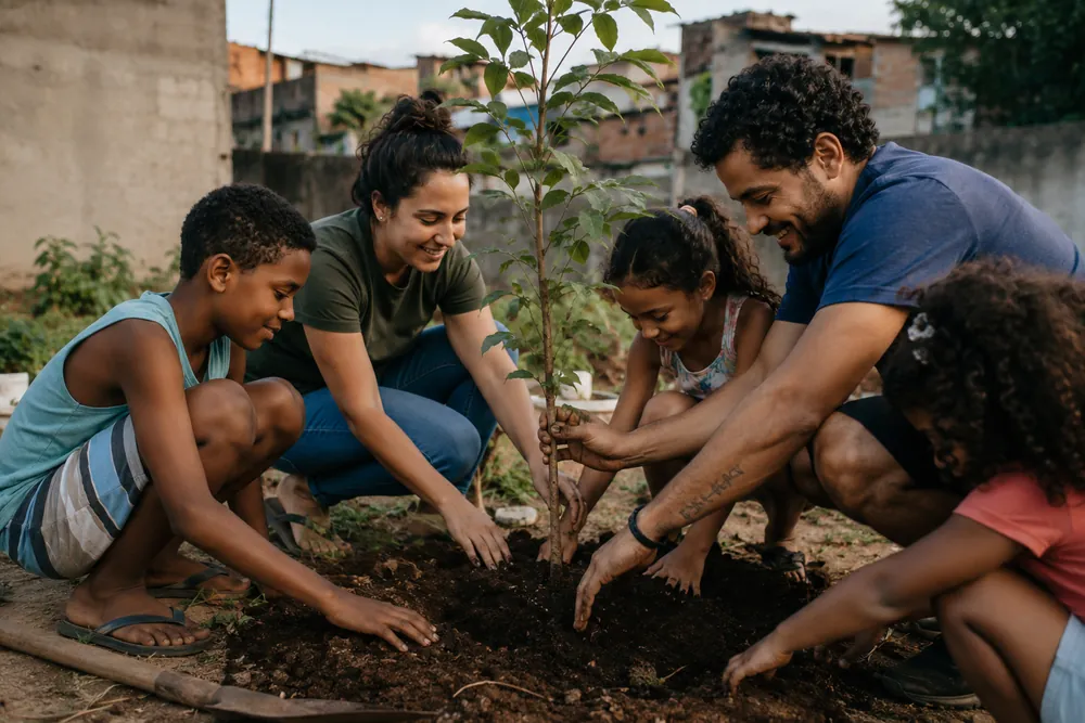 Plantio de árvores com crianças