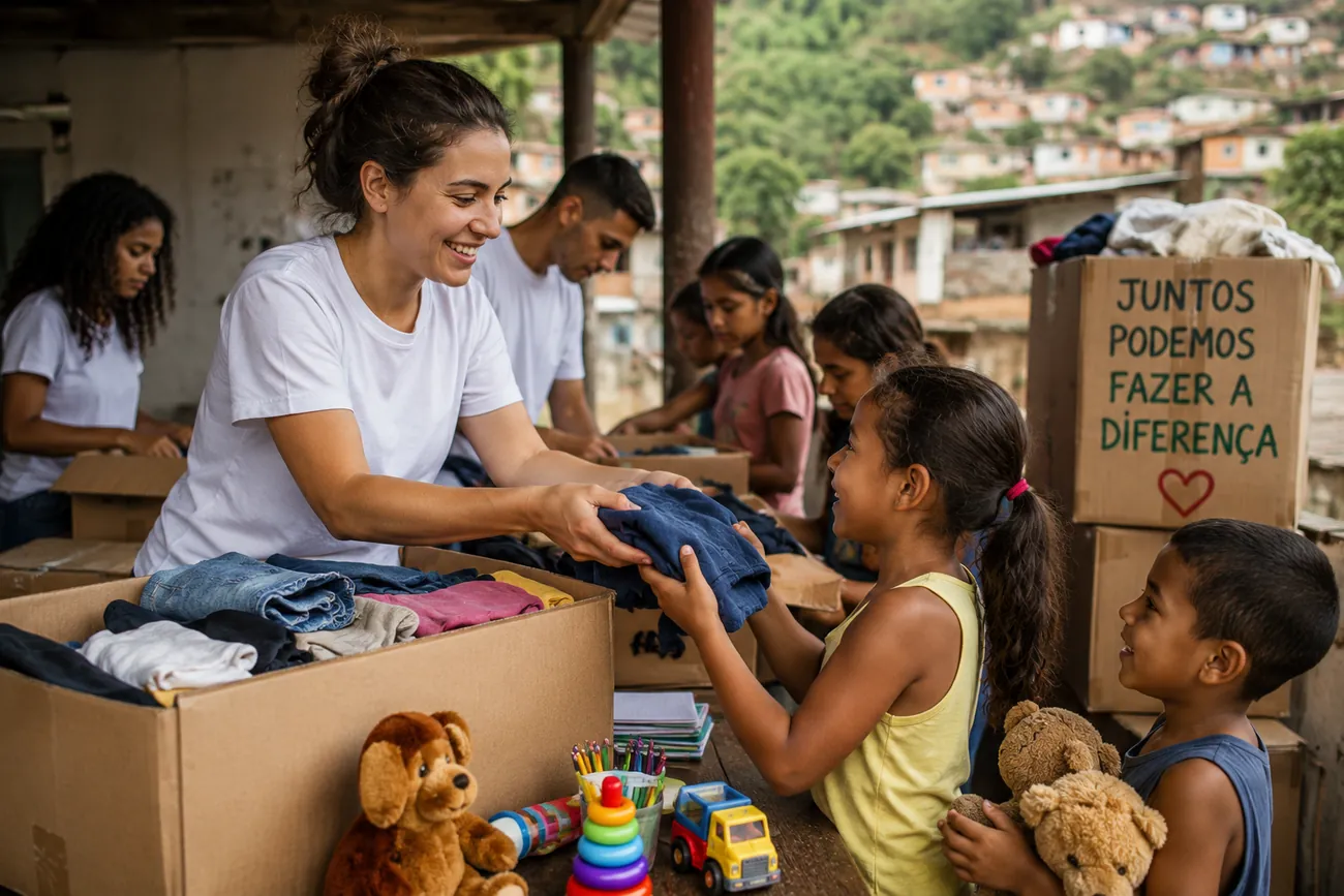 Voluntários entregam roupas e brinquedos a crianças no Brasil