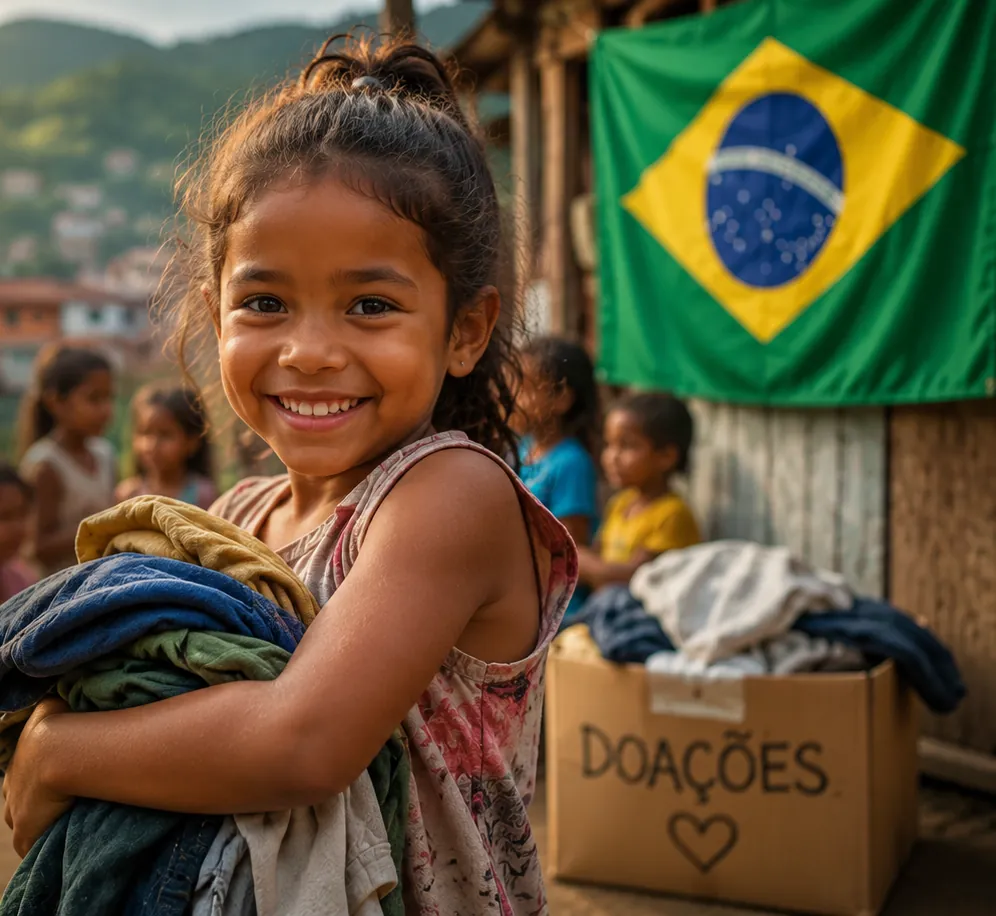 Menina sorrindo com roupas doadas em frente à bandeira do Brasil