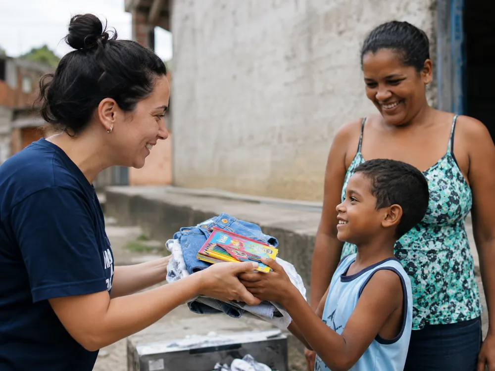 Entrega de roupas e material escolar a uma criança